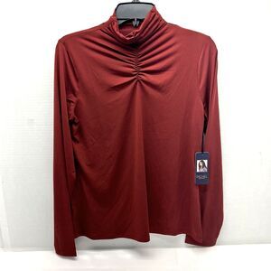 Rachel Roy Mock Tee Gathered-Front Top LS Burgundy Womens Size M NWT